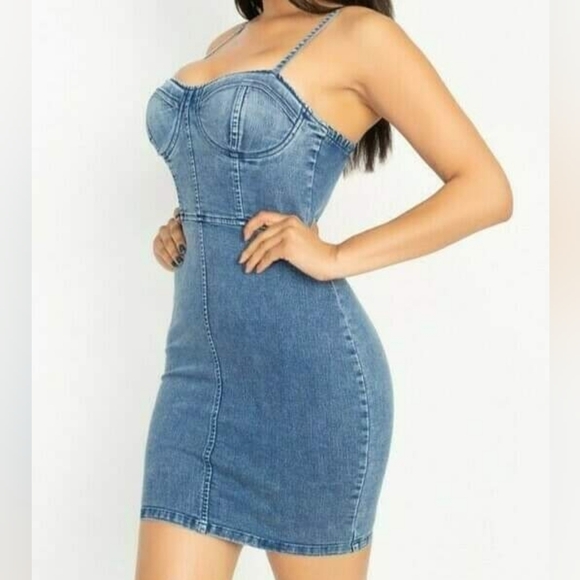 Dark Wash Camisole Denim Bustier Mini Dress with Stretch - Picture 3 of 12
